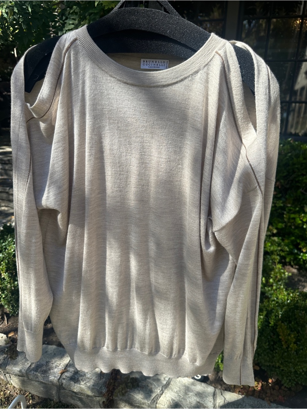 Brunello Cucinelli Cream Off-Shoulder Lightweight Sweater
